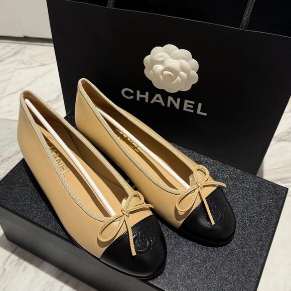 Chanel Beige and Black Ballet Flats - Picture 1 of 7